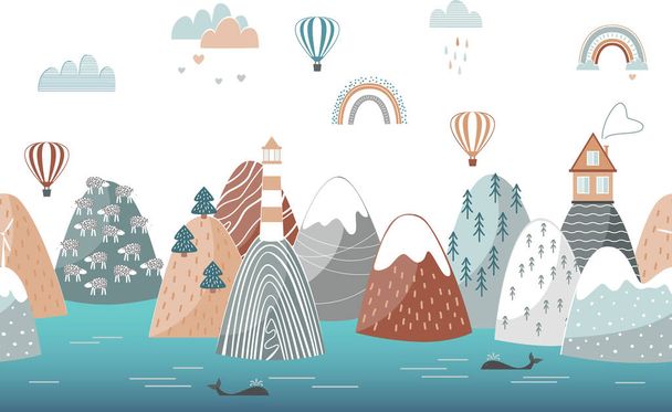 Cute seamless landscape pattern with sea waves, mountains, lighthouse, clouds and rainbows. Travel concept, kids horizontal poster. Horizontal repeating banner - Vector, Image
