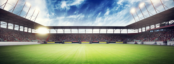 Stadion piłkarski, błyszczące światła, widok z pola. Koncepcja piłki nożnej - Zdjęcie, obraz