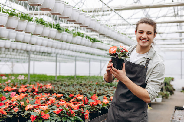Portrét mladého muže květináře, který se stará o květiny ve skleníku - Fotografie, Obrázek