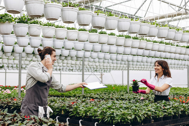 Young male florist talking on the phone, holding clipboard and speaking with another female florist,which holding flowerpot. Greenhouse - Photo, Image