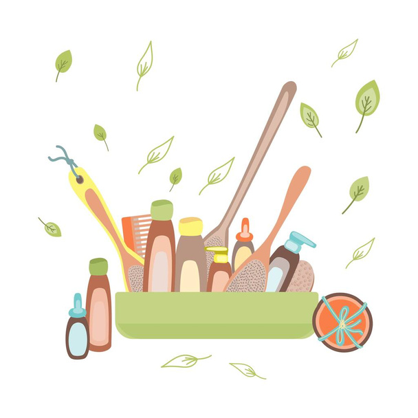 Vector illustration set of reusable containers for skin care products and washing brushes. Eco-friendly products concept. - Vector, Image
