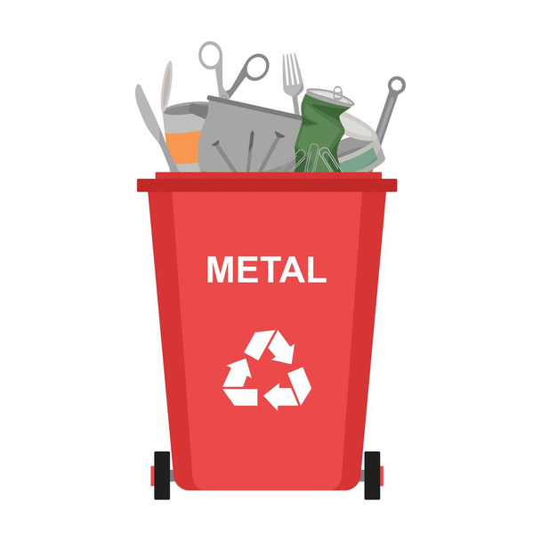 Mülleimer mit Metallabfällen, Recyclingmüll, Vektorillustration - Vektor, Bild