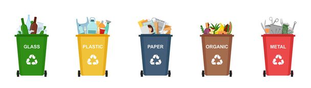 Conjunto de papeleras para reciclar diferentes tipos de residuos. Clasificación y reciclaje de residuos, ilustración vectorial - Vector, Imagen