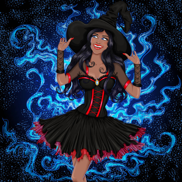 Сексуальная африканская американская ведьма с длинными волосами в шляпе - Вектор,изображение