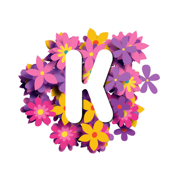 letter K, White rounded font on multicolored floral background, 3d illustration, creative alphabet - Foto, afbeelding