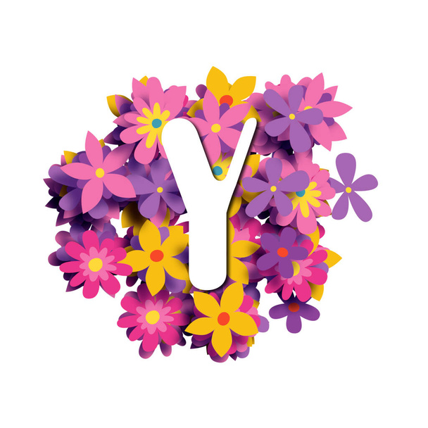 letter Y, White rounded font on multicolored floral background, 3d illustration, creative alphabet - Foto, afbeelding