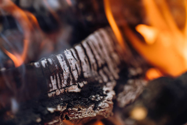 Firewood in flame close-up stock photography. - Fotó, kép