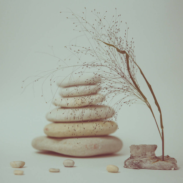 Spa ainda vida com empilhados de pedra com um belo ramo, foco seletivo, imagem tonificada - Foto, Imagem
