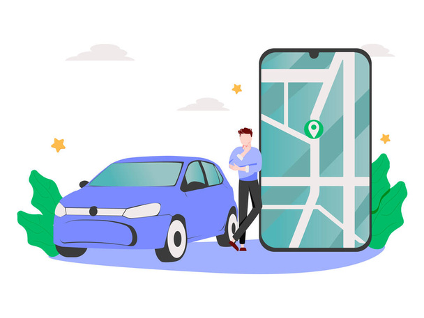 Illustrazione vettoriale del servizio di car sharing online autonomo controllato tramite app per smartphone. Telefono con marca di posizione e - Vettoriali, immagini