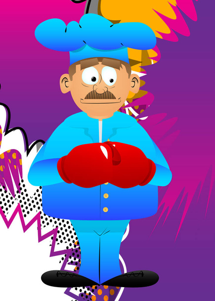 Fat male cartoon chef in uniform holding his fists in front of him ready to fight wearing boxing gloves. Vector illustration. - Vector, Image