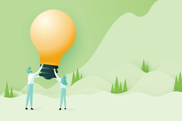 Male and female holding big light bulb.Green nature forest and mountains landscape scenery banner background.Website Landing page.Paper art vector illustration - Vector, Image