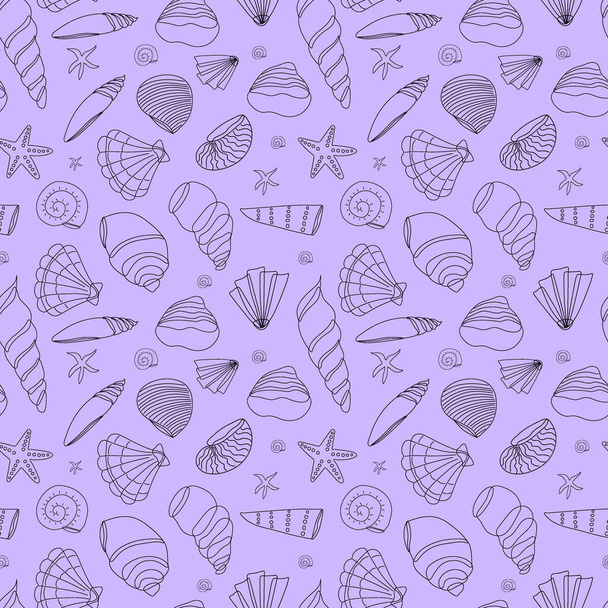 El patrón inconsútil de las conchas marinas en el contorno sobre el fondo púrpura. Ilustración de Doodle. Fondo vectorial. Fondo de pantalla o fondo. - Vector, Imagen