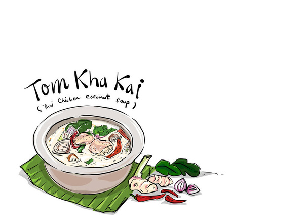 Tom Kha kai: Thailändische Hühnerkokossuppe. Köstliche Thai Food Vektor Illustration und Kopierraum auf weißem Hintergrund. - Vektor, Bild