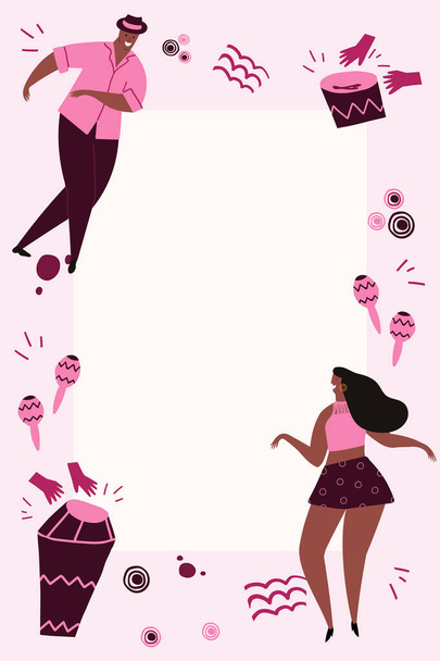 Hand drawn cartoon style vector illustration. Template with bongos, dancers and conga drums in pink colors. Design for card, flyer, invitation with space for text - Vecteur, image