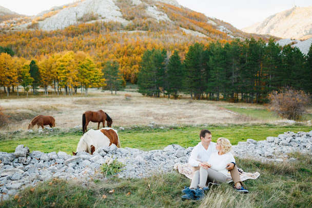 Couple sits hugging each other on a blanket on the lawn in the autumn forest. Horses graze in the background - Photo, Image