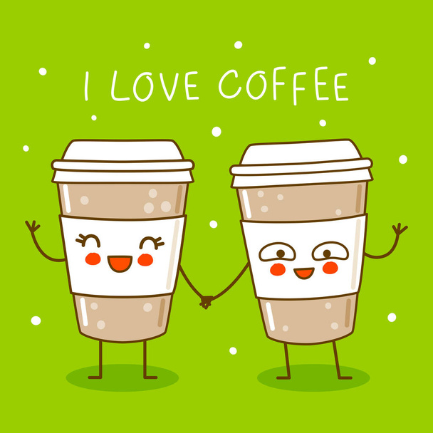 Cute coffee cups on green background - cartoon characters for funny design - Vector, Image