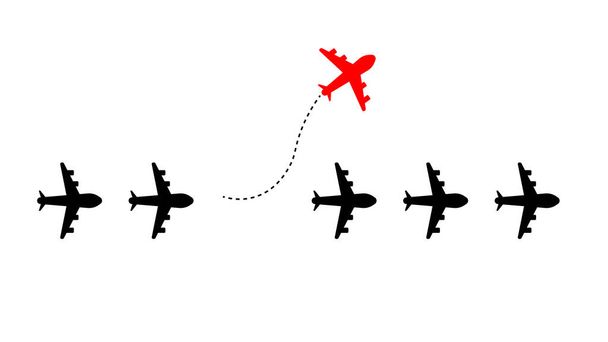 Avión rojo cambiando de dirección y aviones blancos - Foto, Imagen