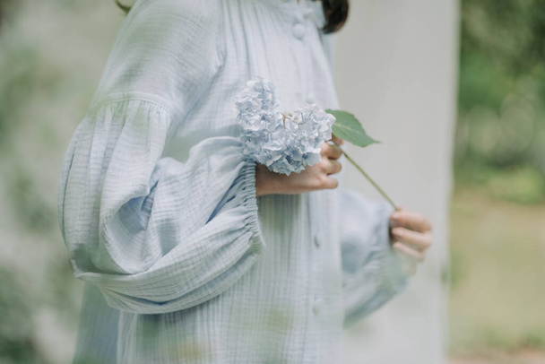 oříznutý záběr mladé ženy v modrých šatech drží hortenzie květiny v ruce  - Fotografie, Obrázek