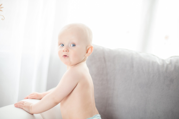 ソファの上に折り敷きおむつだけ身に着けている赤ちゃん - 写真・画像