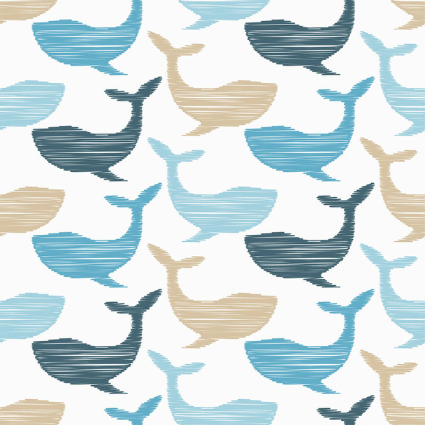 Decorative whales swim in the sea and ocean. Seamless pattern. Marine life. Cute cartoons. Vector illustration for web design or print. - Vector, Imagen