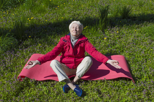 Mature woman practicing yoga in the park - Foto, imagen