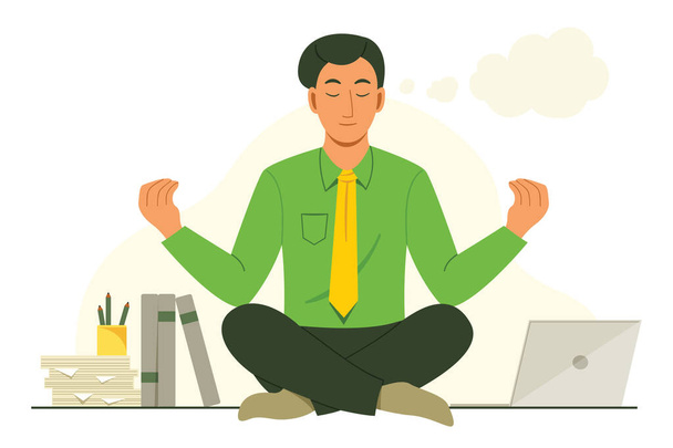 Office Man Sit on Desk to Meditation Before Working. - Vector, Image