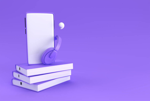 Okostelefon fejhallgatóval audio könyvhöz Hallgasd az irodalmat, e-könyvek audió formátumban. Távolsági oktatás e-learning, podcast, webinar, tutorial. 3D renderelés. - Fotó, kép