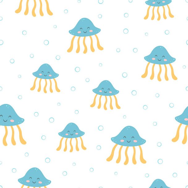 seamless pattern with cute cartoon jellyfish isolated on white background, vector illustration, sea animals in flat style - Вектор,изображение
