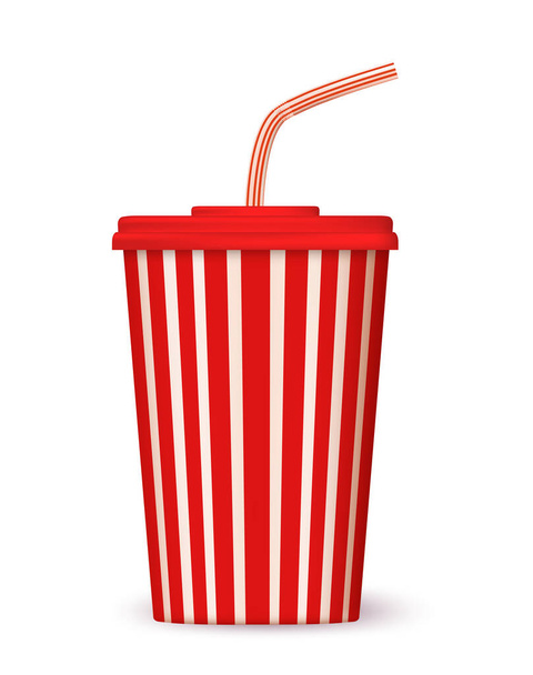 Blank realistic vector cinema cola cup with red stripes and straw. Isolated on white background.  - Vektor, kép