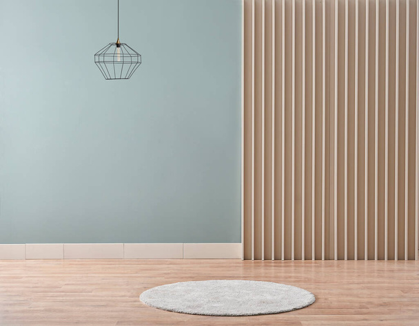 Zelená stěna s dřevěnou pozadí lampa a koberec styl. - Fotografie, Obrázek