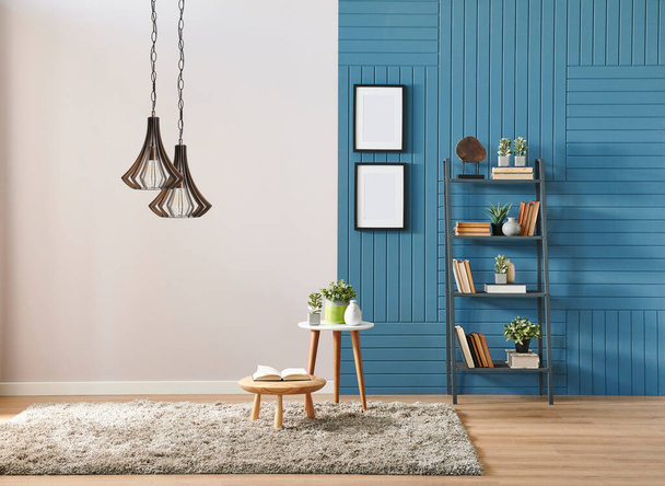 Concepto de pared azul y blanco con marco de estantería y lámpara. - Foto, imagen