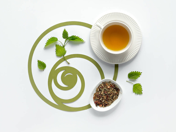 Nettle tea cup, stinging nettle herb leaves. Ornate flat lay, green paper Fibonacci sequence circles on off white background. Perfect healthy herbal tea. Alternative medicine, herbal remedy concept. - Photo, Image