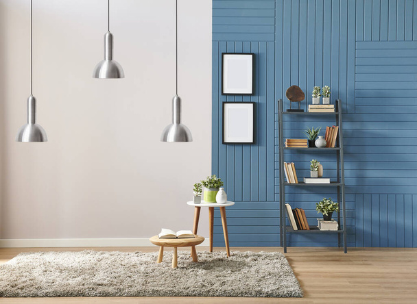 本棚のフレームとランプと青と白の壁の概念. - 写真・画像