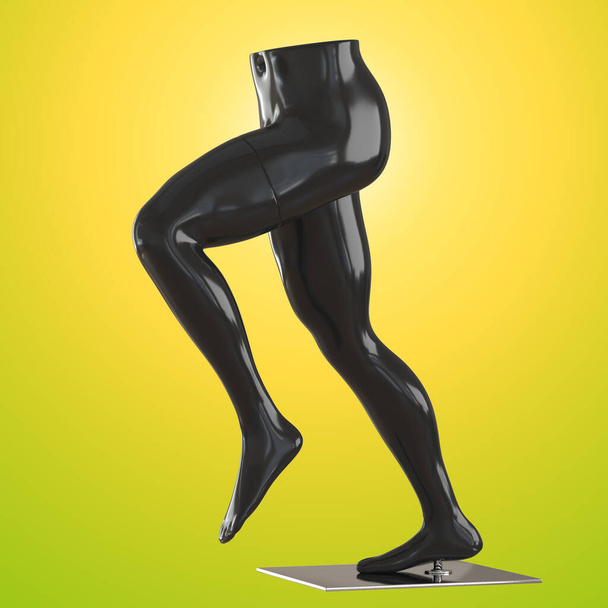 The lower part of a male mannequin in a running pose on a yellow green background. 3d rendering - Photo, Image