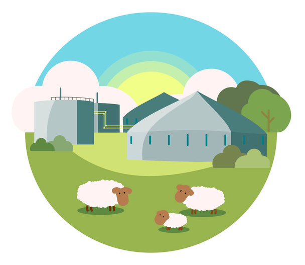 Illustratie van het landschap van een biogascentrale. Kan worden gebruikt als achtergrond of infographic over hernieuwbare energie, gas, industrie, elektriciteit.  - Vector, afbeelding