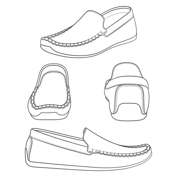 Set of black and white illustrations with shoes, moccasins. Isolated vector objects on a white background. - Vecteur, image