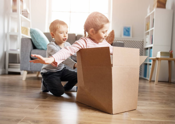 Cute children playing with cardboard box in living room. - Фото, зображення