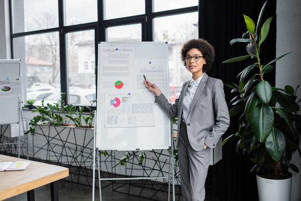 African american businesswoman pointing at flipchart near plant in office  - Foto, Imagen