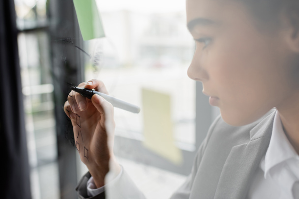 Marqueur en main d'un gestionnaire afro-américain flou écrivant sur un panneau de verre au bureau  - Photo, image