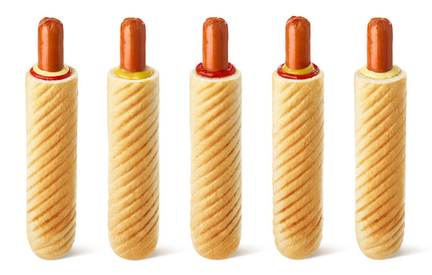 Francia hot dog készlet különböző szószokkal - ketchup, mustár és majonéz izolált fehér alapon - Fotó, kép