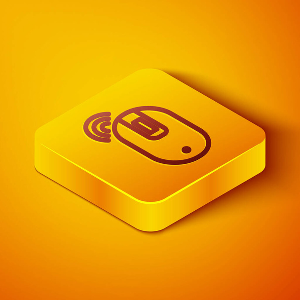 Ізометрична лінія Піктограма бездротової комп'ютерної миші ізольована на помаранчевому фоні. Оптичний з колісним символом. Жовта квадратна кнопка. Векторна ілюстрація
. - Вектор, зображення