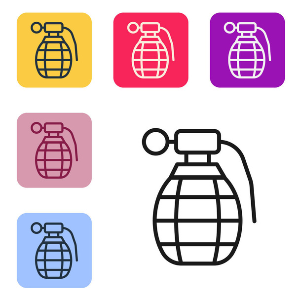 Black line Hand grenade icon isolated on white background. Bomb explosion. Set icons in color square buttons. Vector. - Vector, Image