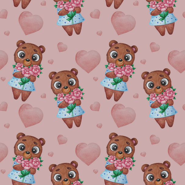 Seamless animal pattern. Cute brown bear - a girl with a bouquet of red flowers on a pink background with hearts. Watercolor. For printing, valentines, textiles, wallpaper, packaging, design, decor - Photo, Image