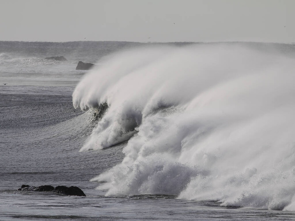 Gran ola rompiendo con aerosol de viento. Cerca de Leixoes puerto pared norte, Portugal. - Foto, Imagen