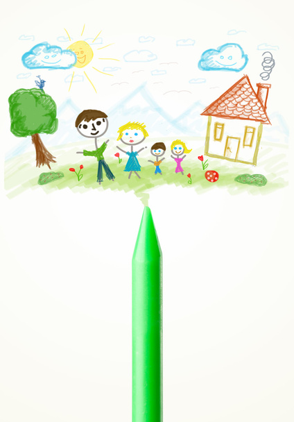 Crayon close-up com um desenho de uma família
 - Foto, Imagem