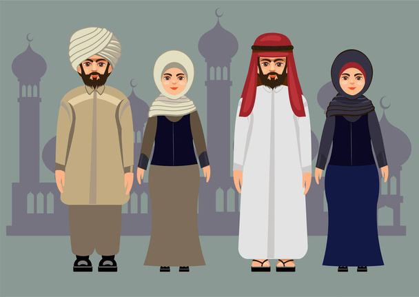 Vector illustration of Muslim man and woman in traditional clothes - Vector, Image