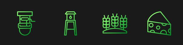 Set Weizen, Brunnen mit Eimer, Wasserturm und Käse. Farbverlauf-Symbole. Vektor - Vektor, Bild