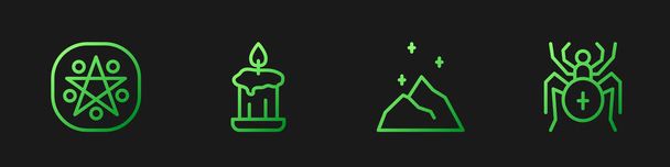 Set-Linie Magic Puder, Pentagramm im Kreis, Brennende Kerze und Spinne. Farbverlauf-Symbole. Vektor - Vektor, Bild