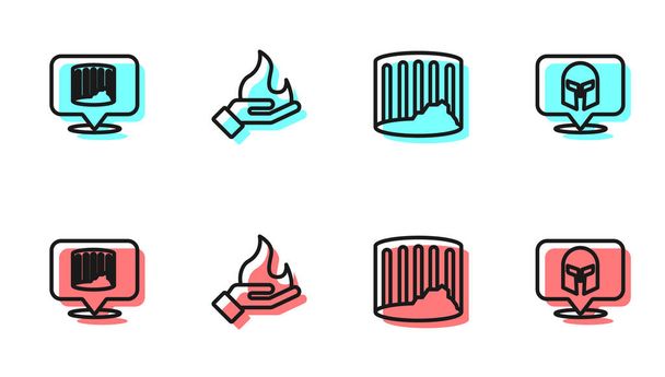Set line Ancient column, , Hand holding a fire and Greek helmet icon. Vector - Vector, Image