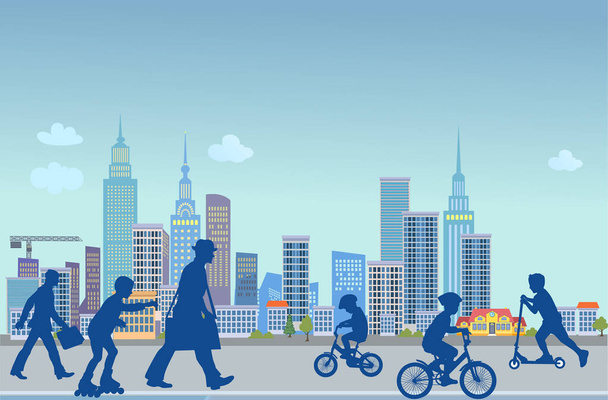 Children Riding Bike Over Silhouette City Background  - Vector, Image